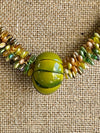 Green & Gold Hawaiian Lilikoi Necklace Lei - with lamp work bead (35")