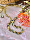 Green metallic w/ Khaki Green Drops Double Spiral Necklace - 22" Silver