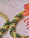 Green metallic w/ Khaki Green Drops Double Spiral Necklace - 22" Silver
