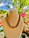 Hawaiian Beaded Necklace Lei- Picasso Green and "Terracotta" with Focal Bead (26")