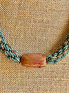 Hawaiian Beaded Necklace Lei- Picasso Green and "Terracotta" with Focal Bead (26")
