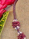 Oxblood Red Rose Petal w/ Pink Mushroom Beaded Hawaiian Haku Lei Mini (5 Clusters)  - 24"