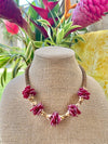 Dark Red Rose Petal w/ Golden Pink Beaded Hawaiian Haku Lei Mini (5 Clusters)  - 22"