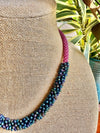 Peony Pink Lilikoi Lei Necklace with Matte Blue Rainbow Drop- 20”
